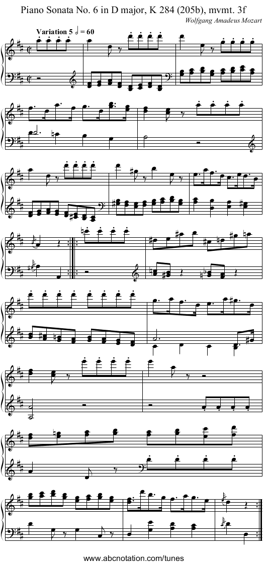 Piano Sonata No. 6 in D major, K 284 (205b), mvmt. 3f - staff notation