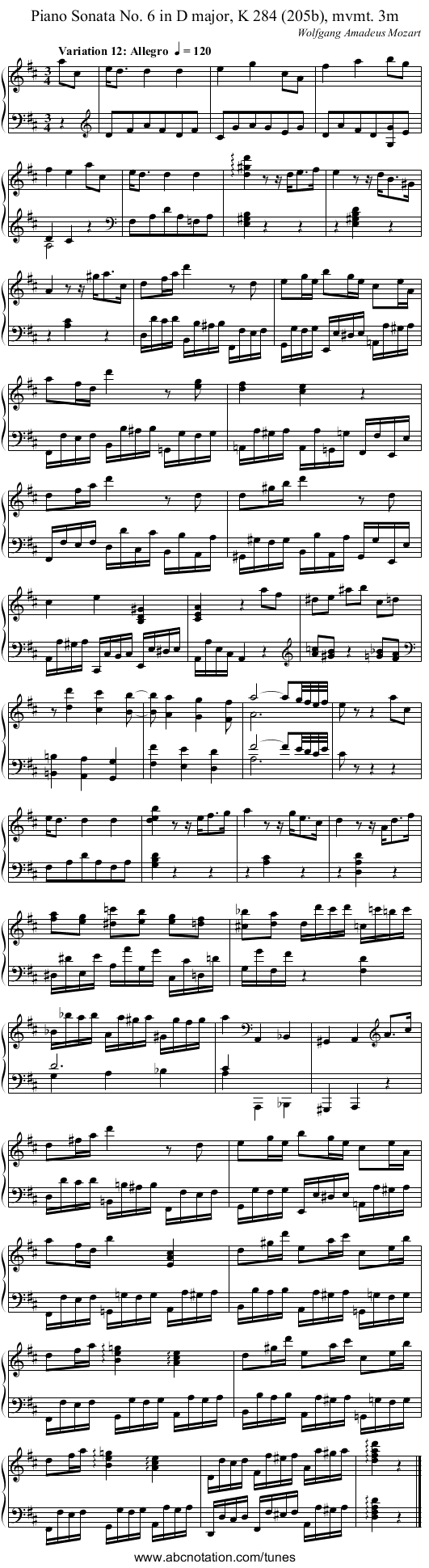 Piano Sonata No. 6 in D major, K 284 (205b), mvmt. 3m - staff notation
