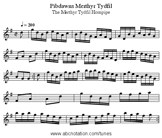 Pibdawns Merthyr Tydfil - staff notation