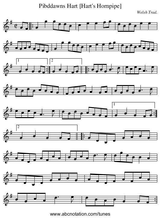 Pibddawns Hart [Hart's Hornpipe] - staff notation