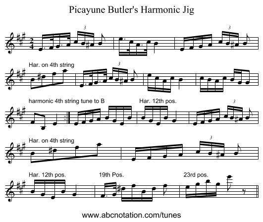 Picayune Butler's Harmonic Jig - staff notation