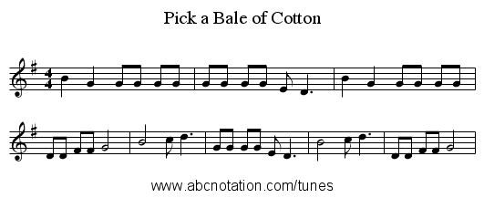 Pick a Bale of Cotton - staff notation