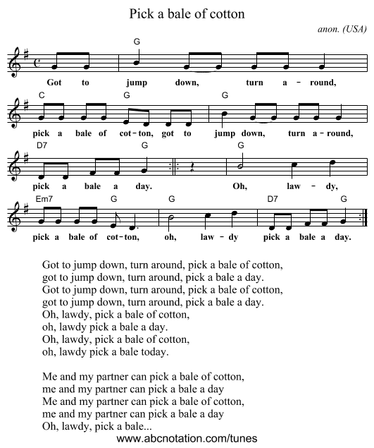 Pick a bale of cotton - staff notation