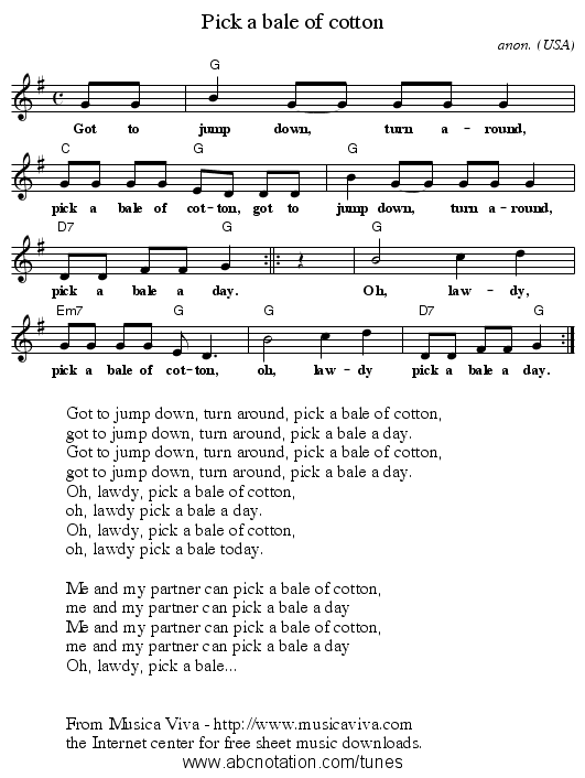 Pick a bale of cotton - staff notation