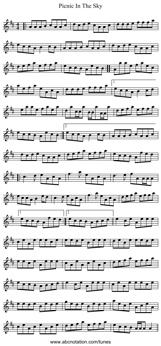 Picnic In The Sky - staff notation