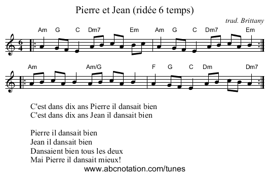 Pierre et Jean (rid&eacute;e 6 temps) - staff notation