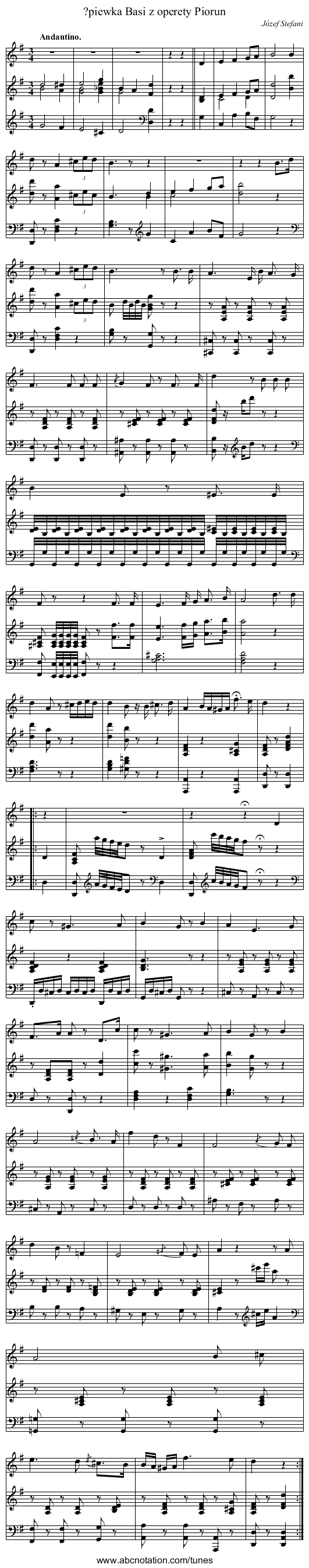 ?piewka Basi z operety Piorun - staff notation