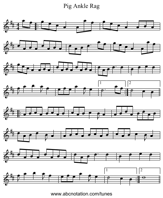 Pig Ankle Rag - staff notation