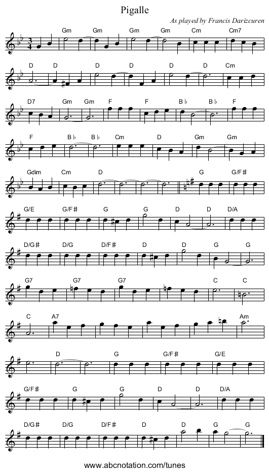 Pigalle - staff notation