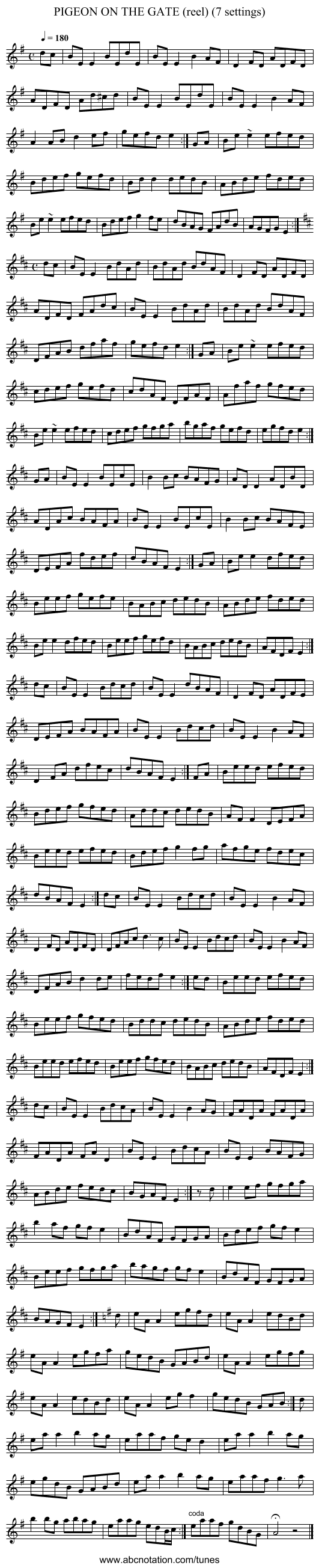 PIGEON ON THE GATE (reel) (7 settings) - staff notation