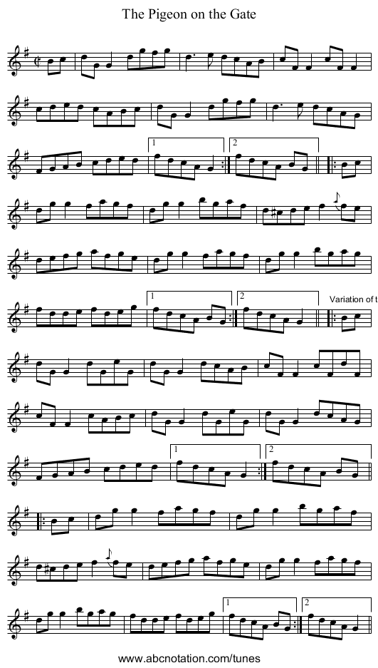 Pigeon on the Gate, The - staff notation