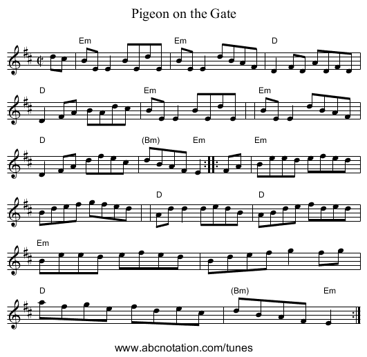 Pigeon on the Gate - staff notation
