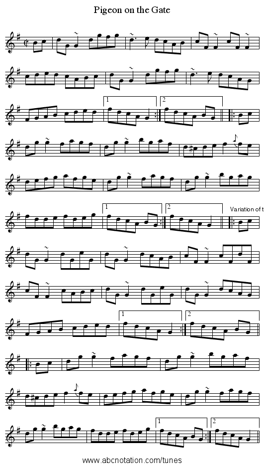 Pigeon on the Gate - staff notation