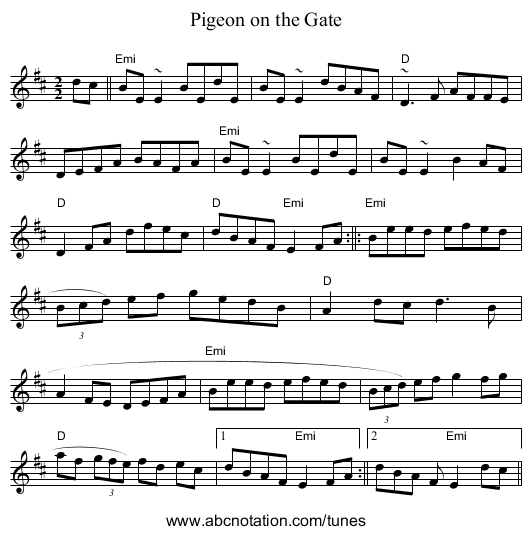 Pigeon on the Gate - staff notation