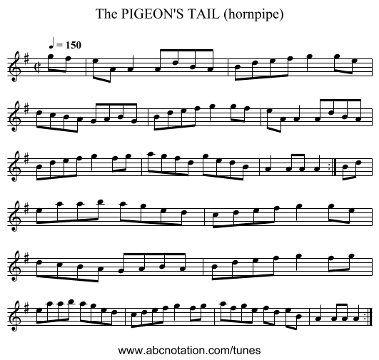 PIGEON'S TAIL (hornpipe), The - staff notation