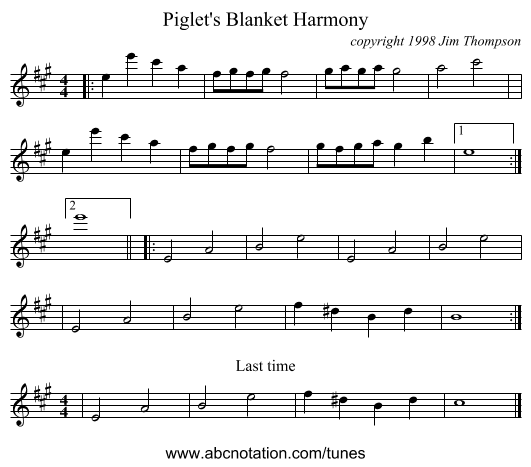 Piglet's Blanket Harmony - staff notation