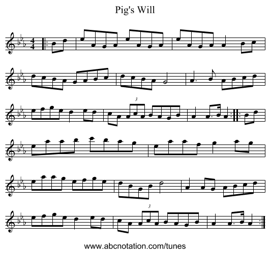 Pig's Will - staff notation