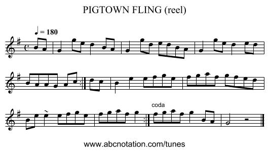 PIGTOWN FLING (reel) - staff notation