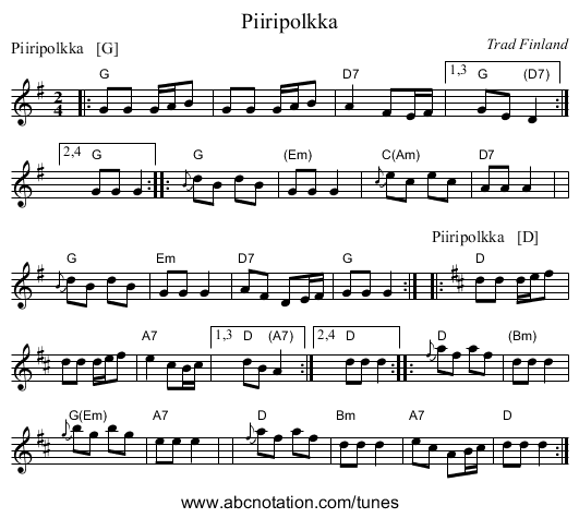 Piiripolkka - staff notation