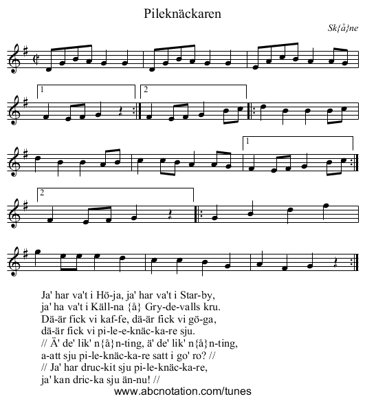Pilekn&auml;ckaren - staff notation