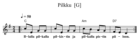 Pilkku  [G] - staff notation