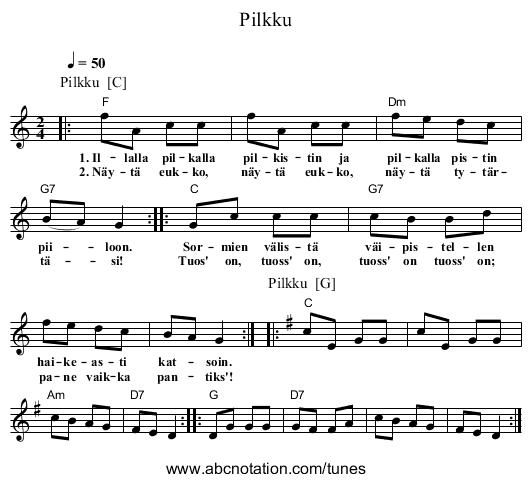 Pilkku - staff notation