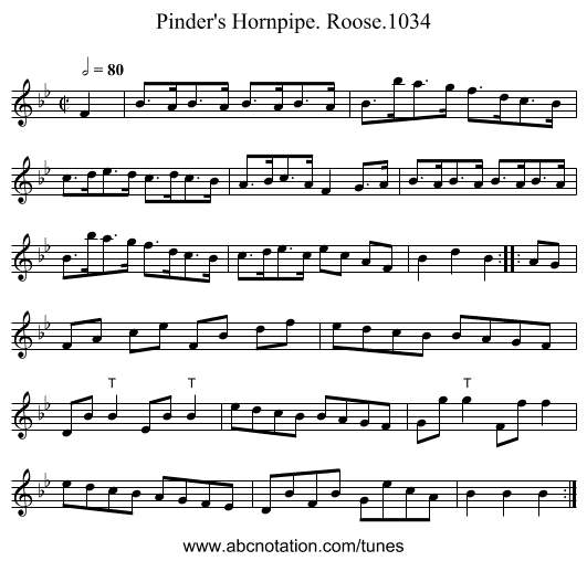 Pinder's Hornpipe. Roose.1034 - staff notation