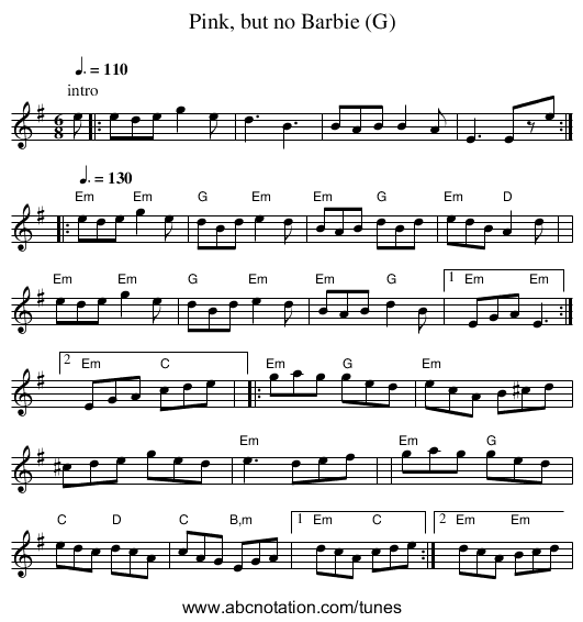 Pink, but no Barbie (G) - staff notation