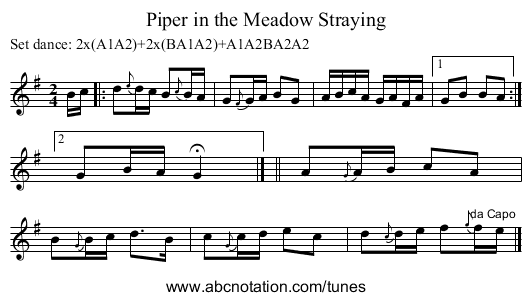Piper in the Meadow Straying - staff notation