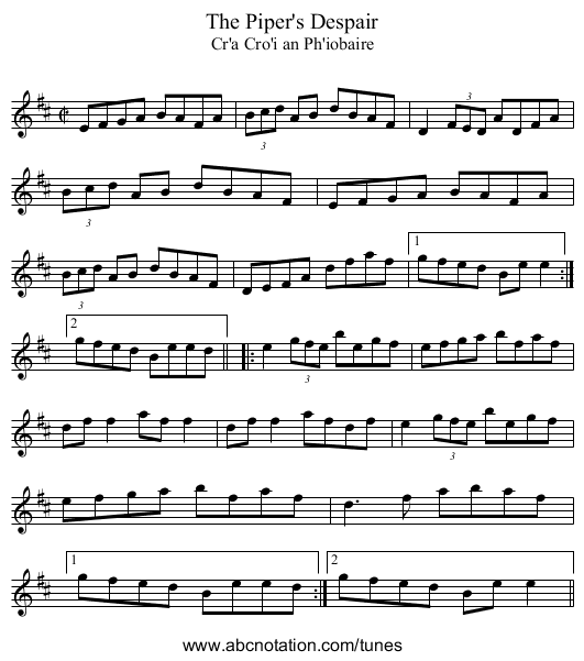 Piper's Despair, The - staff notation