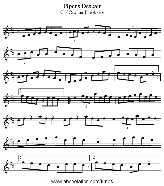 Piper's Despair - staff notation