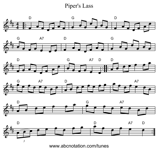 Piper's Lass - staff notation