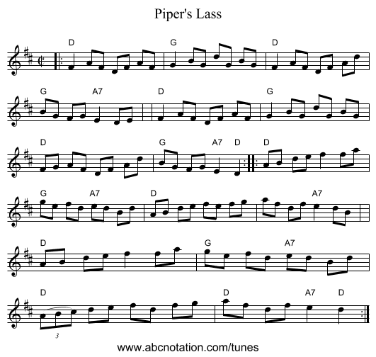 Piper's Lass - staff notation