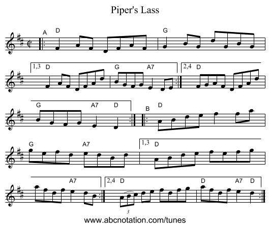 Piper's Lass - staff notation