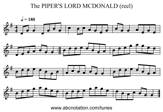 PIPER'S LORD MCDONALD (reel), The - staff notation