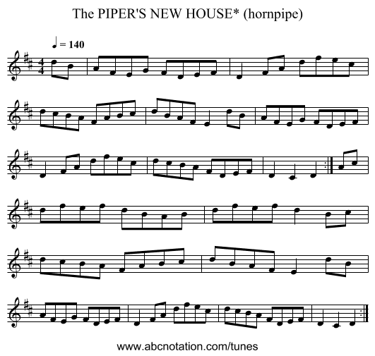 PIPER'S NEW HOUSE* (hornpipe), The - staff notation