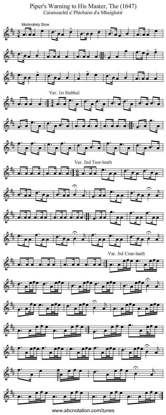 Piper's Warning to His Master, The (1647) - staff notation