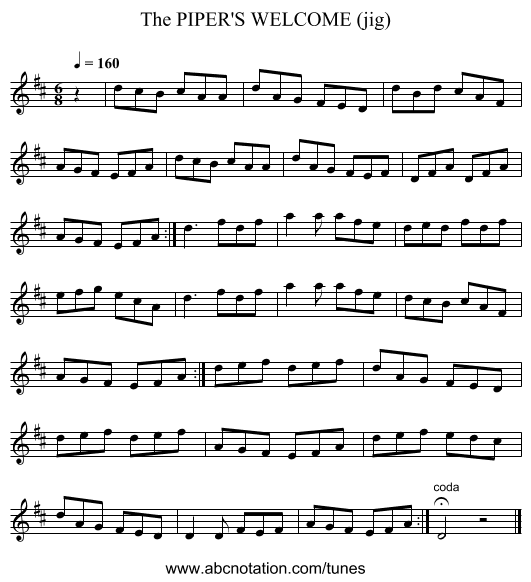 PIPER'S WELCOME (jig), The - staff notation