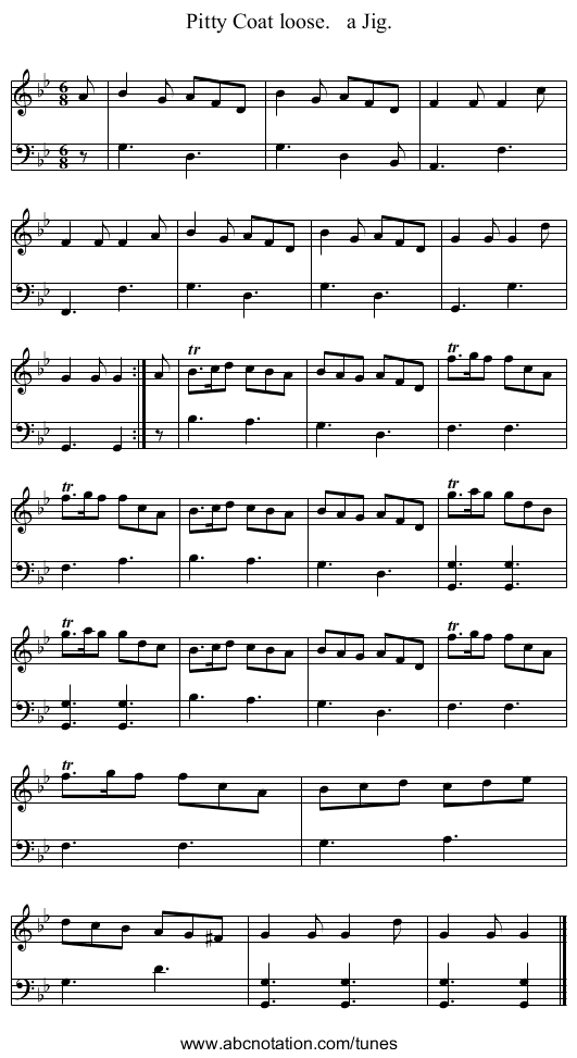 Pitty Coat loose.   a Jig. - staff notation