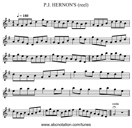 P.J. HERNON'S (reel) - staff notation