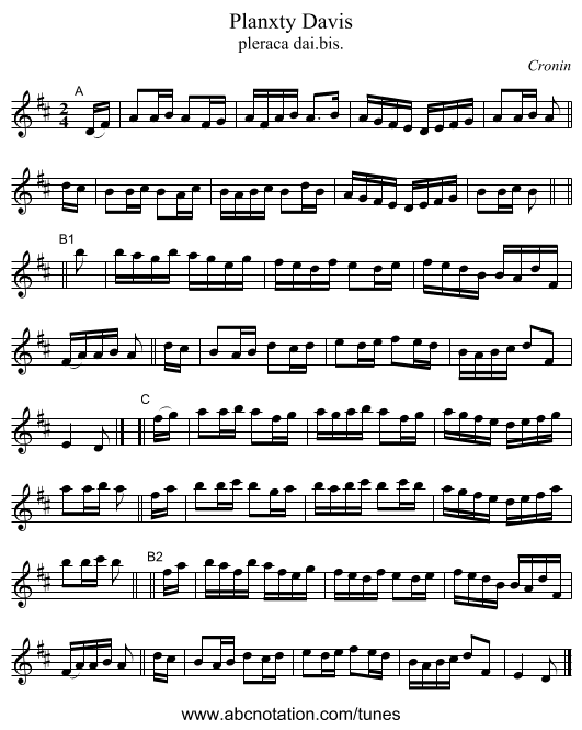Planxty Davis - staff notation