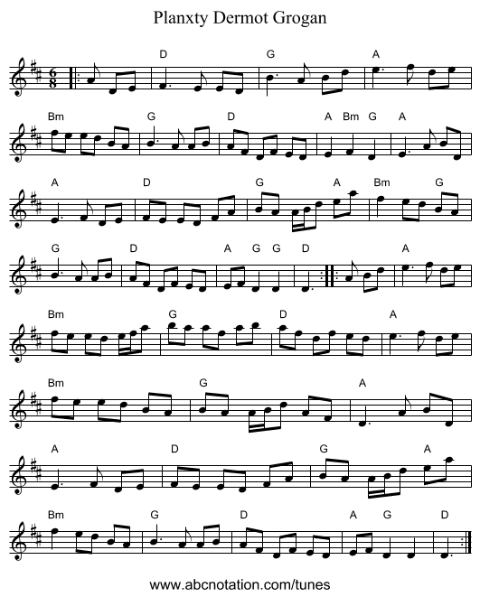 Planxty Dermot Grogan - staff notation
