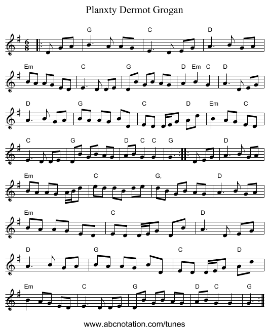 Planxty Dermot Grogan - staff notation