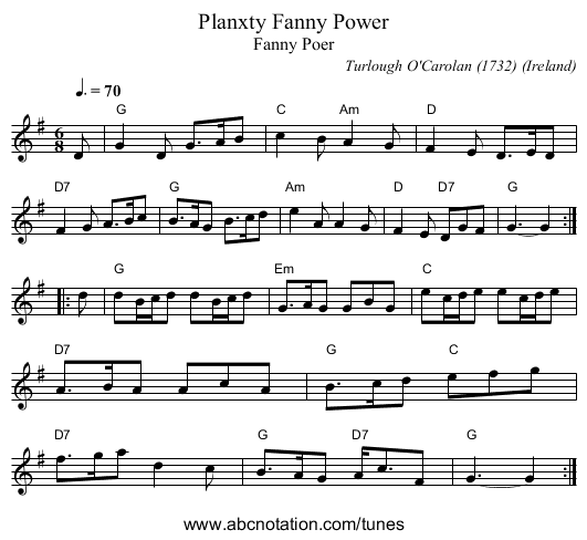 Planxty Fanny Power - staff notation