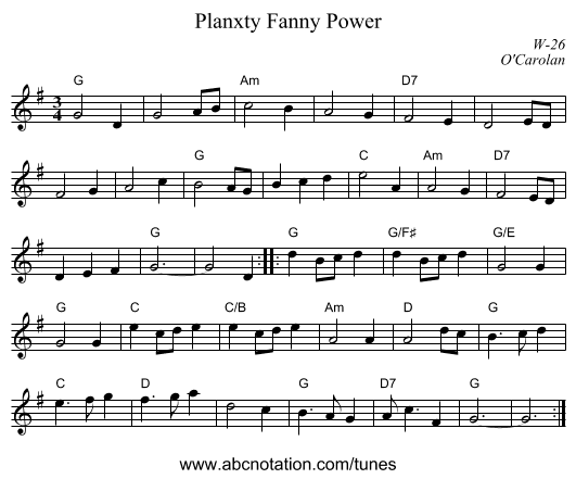Planxty Fanny Power - staff notation