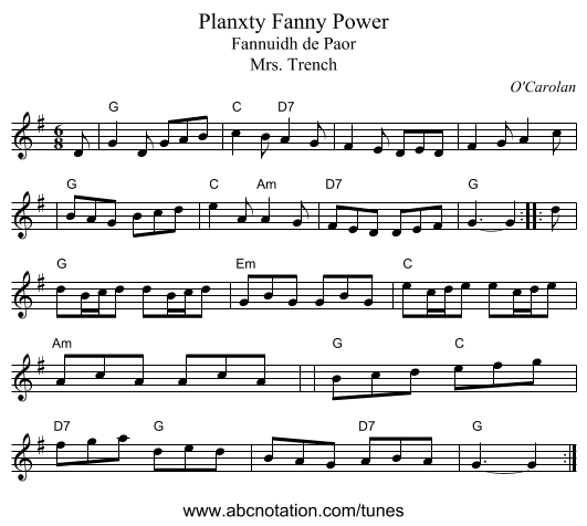 Planxty Fanny Power - staff notation