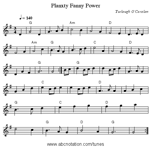 Planxty Fanny Power - staff notation