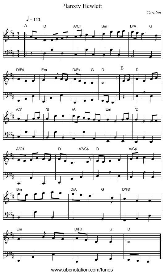 Planxty Hewlett - staff notation