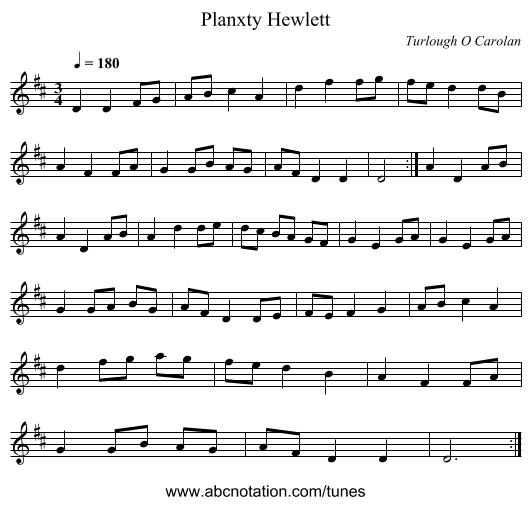 Planxty Hewlett - staff notation