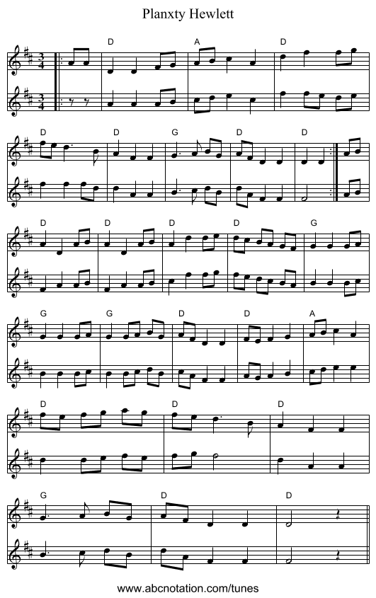 Planxty Hewlett - staff notation